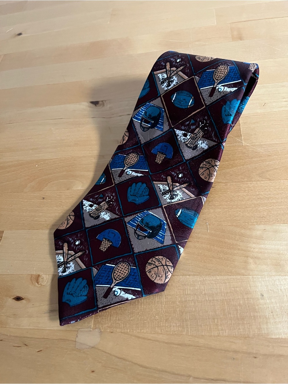Vtg 90s Multi Sports Novelty Tie Burgundy Blue Dadcore Preppy Thinking Of You